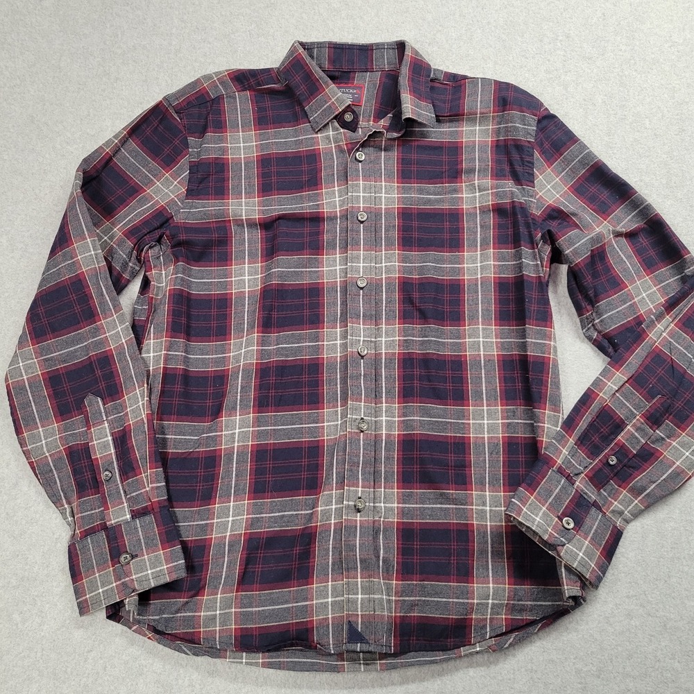 UNTUCKit Mens Plaid Button Down Shirt Navy Blue Burgundy Red Cotton Medium